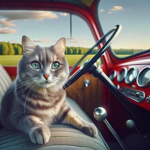 Charming Grey Cat in Vintage Red Car: Playful Scene