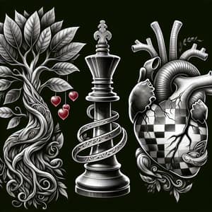 Detailed Tattoo Design: Tree, Chess King, Human Heart - Symbolism of Rebirth