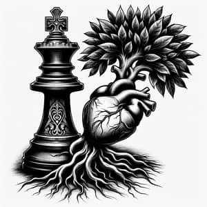 Chess King Tattoo Design with Tree and Human Heart