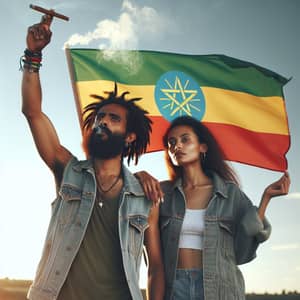 Hispanic Man and Black Woman Smoking Cigars with Ethiopian Flag