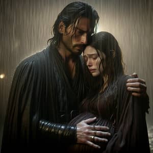 Severus Snape holding Pregnant Brown-Haired Woman in Rain