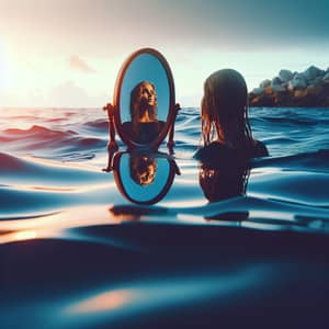 Caucasian Mermaid Reflection in Ocean Mirror