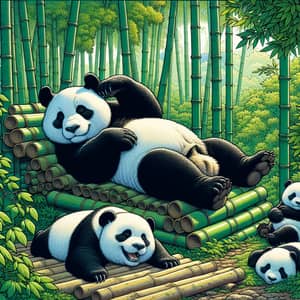 Napping Lazy Pandas in Green Bamboo Forest - Peaceful Illustration