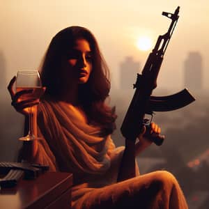 South Asian Woman with AK47 Holding Drink | Urban Silhouette Scene