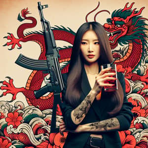Confident Chinese Woman with AK47 Defending Against Dragon