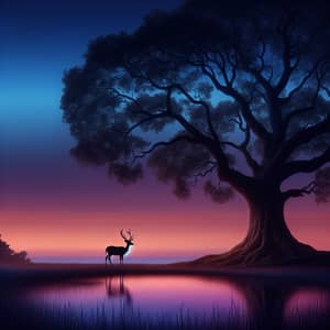 Tranquil Dusk Landscape with Ancient Tree and Serene Deer