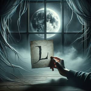 Dark Moonlit Scene with 'L' on Paper - Eerie Artwork