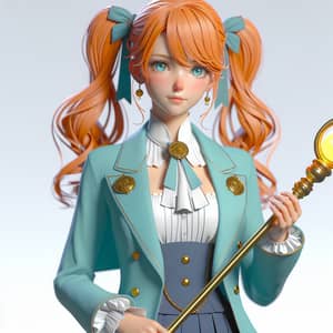Young Woman with Orange Hair in Turquoise Suit and Golden Staff