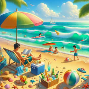 Idyllic Summer Beach Scene: Seashells, Umbrella & Beach Activities
