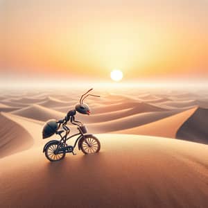 Joyful Ant Riding Tiny Bicycle in Expansive Desert