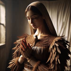 Peaceful Mother Mary in Brown Feathered Dress