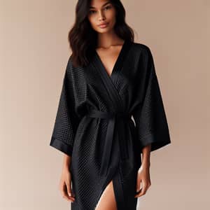 Black Kimono Robe in Embossed Waffle Fabric | 3/4 Sleeves | Midi Length