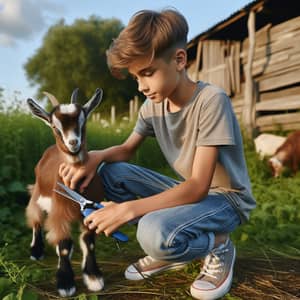 Kid Shearing Goat: Gentle Grooming in Peaceful Farm Setting