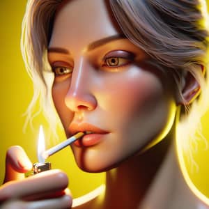 Hyperrealistic Portrait of Caucasian Woman Lighting a Cigarette