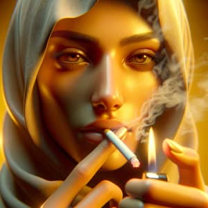 Middle-Eastern Woman Lighting Cigarette - Hyperrealistic Close-Up Shot