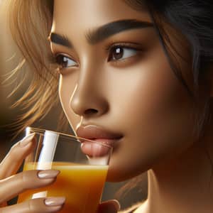 Hyper-Realistic 4K South Asian Woman Drinking Orange Juice