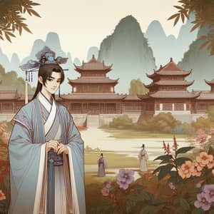 Young Man in Traditional Chinese Attire - Animated Ancient Landscape