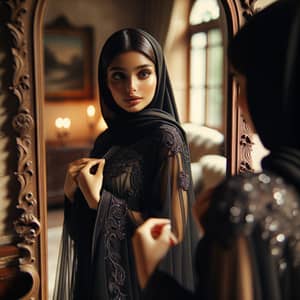 Beautiful Girl Admiring Black Abaya | Elegant Mirror Scene