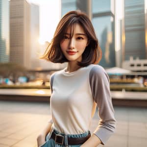 24-Year-Old Chinese Woman in Casual Attire | Urban Sunset Portrait