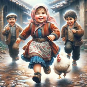 Childhood Joy in Rainy Village: Chubby Girl & Brothers with White Chicken