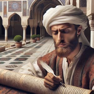 8th Century Middle Eastern Scholar in Tranquil Courtyard