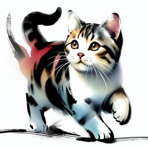 Playful Cat Watercolor Painting: Japanese Ink Wash Style