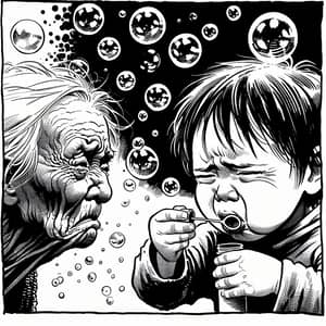 Diverse Child Blowing Bubbles: Monochrome Illustration