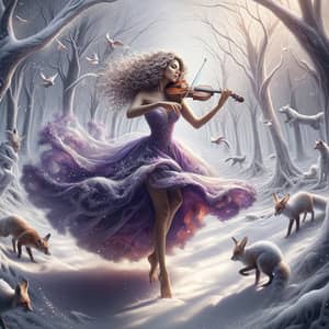 Surreal Snowy Forest Dance with Middle-Eastern Woman and Violin