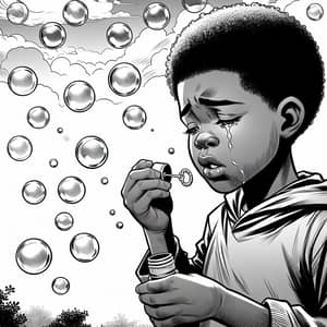 Saddened Young African Boy Blowing Bubbles in Monochrome Illustration