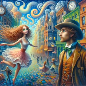 Whimsical Surreal Cityscape Oil Painting | European Woman Dancing