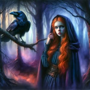 Fiery Red-Haired Girl in Enigmatic Forest | Gothic Watercolor Art