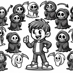 Diverse Kid Surrounded by Quirky Grim Reapers - Coloring Activity