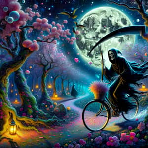 Surreal Digital Painting of Grim Reaper Riding Bicycle in Moonlit Forest