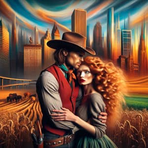 Rugged Cowboy Embracing Woman in Surreal Cityscape