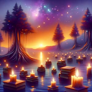 Tranquil Lakeside Sunset with Floating Candles and Paper Trees