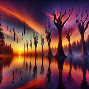 Surreal Sunset Landscape with Distorted Trees - Tranquil Lake