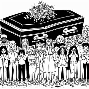 Cartoon Style Coloring Book Page with Diverse Characters and Coffin