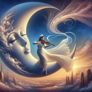 Hispanic Female Artist Dancing and Playing Violin on Crescent Moon