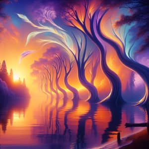 Tranquil Lake Sunset with Surreal Tree Forms and Feather Evolution