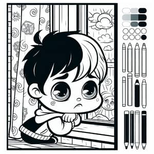 Whimsical Coloring Book Page with a Young Child