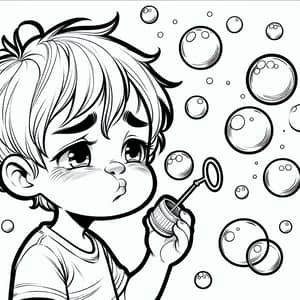 Melancholy Child Blowing Soap Bubbles | Coloring Page Illustration