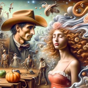 Surrealist Oil Painting of Hispanic Cowboy and European Girl