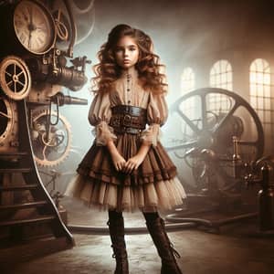 Steampunk-Inspired Young Girl Stands in Front of Magnificent Steam Machine