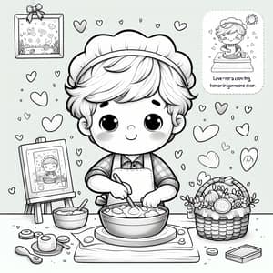 Heartwarming Cartoon Rendering of Child Cooking | Coloring Page