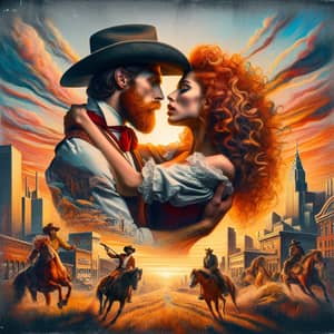 Vintage Cowboy Embracing a Woman in Classic Western Setting