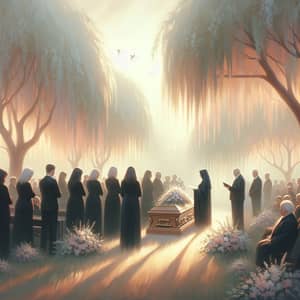 Tranquil Funeral Scene with Soft Hues and Gentle Tributes