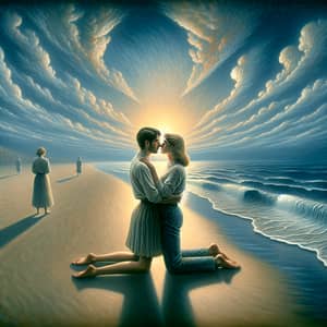Tender Embrace on Deserted Beach: Surrealism Romance