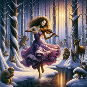Enchanting Snow-Clad Forest Scene with Hispanic Woman and Mystical Woodland Dwellers