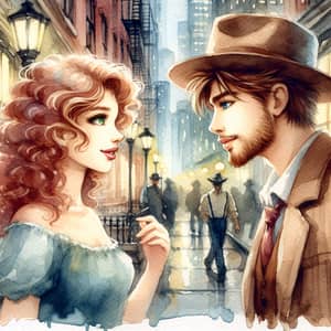 Whimsical Urban Romance Watercolor Painting - Love at First Sight