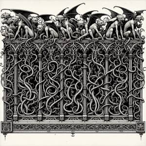 Intricate Gothic Page Border Design: Gargoyles, Vines, Linear Patterns
